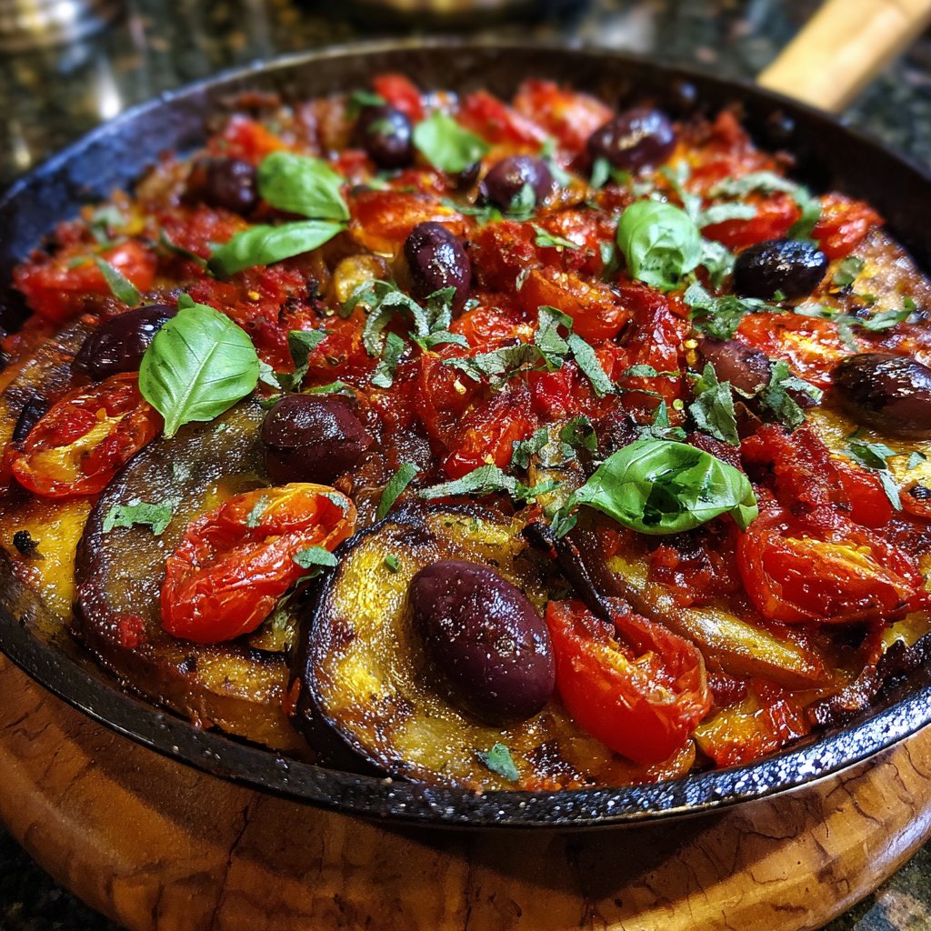 Auberginenpfanne mit Tomaten und Oliven